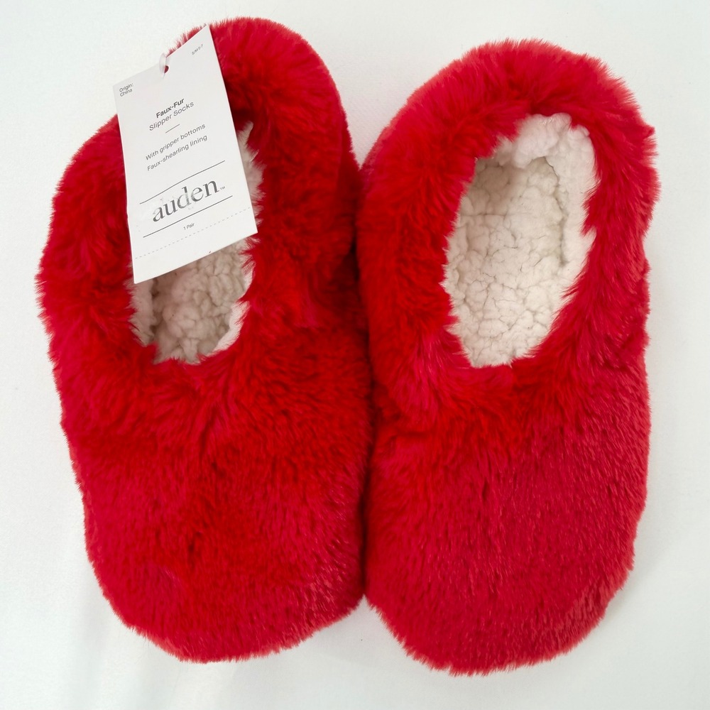 Auden Red Faux Fur Slipper Socks Gripper Bottoms Shearling Lined S/M 5-7 NEW